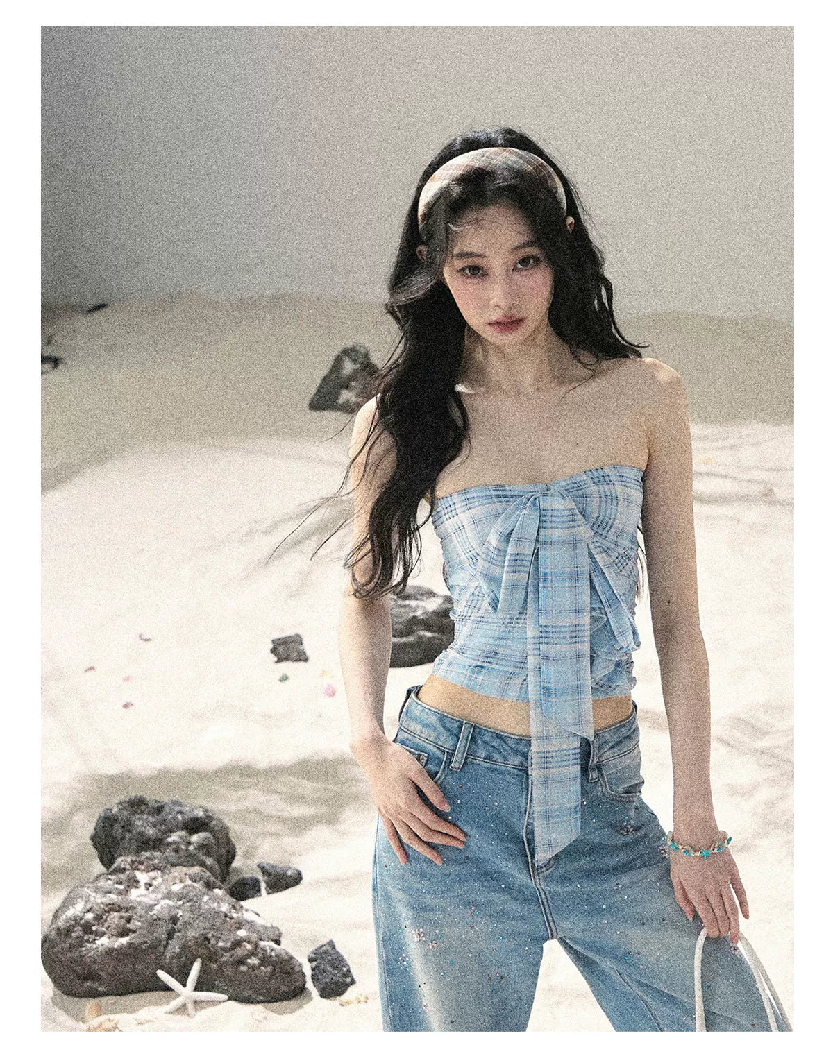 "Blue Danube Reverie" Mist Blue Bow Bandeau Crop Top & Cardigan Set 54638463