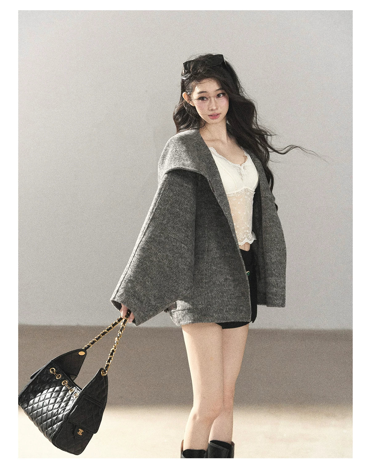 AOMALM - Dark Heather Gray Hooded Wool-Blend Jacket (With Inner Bra)
