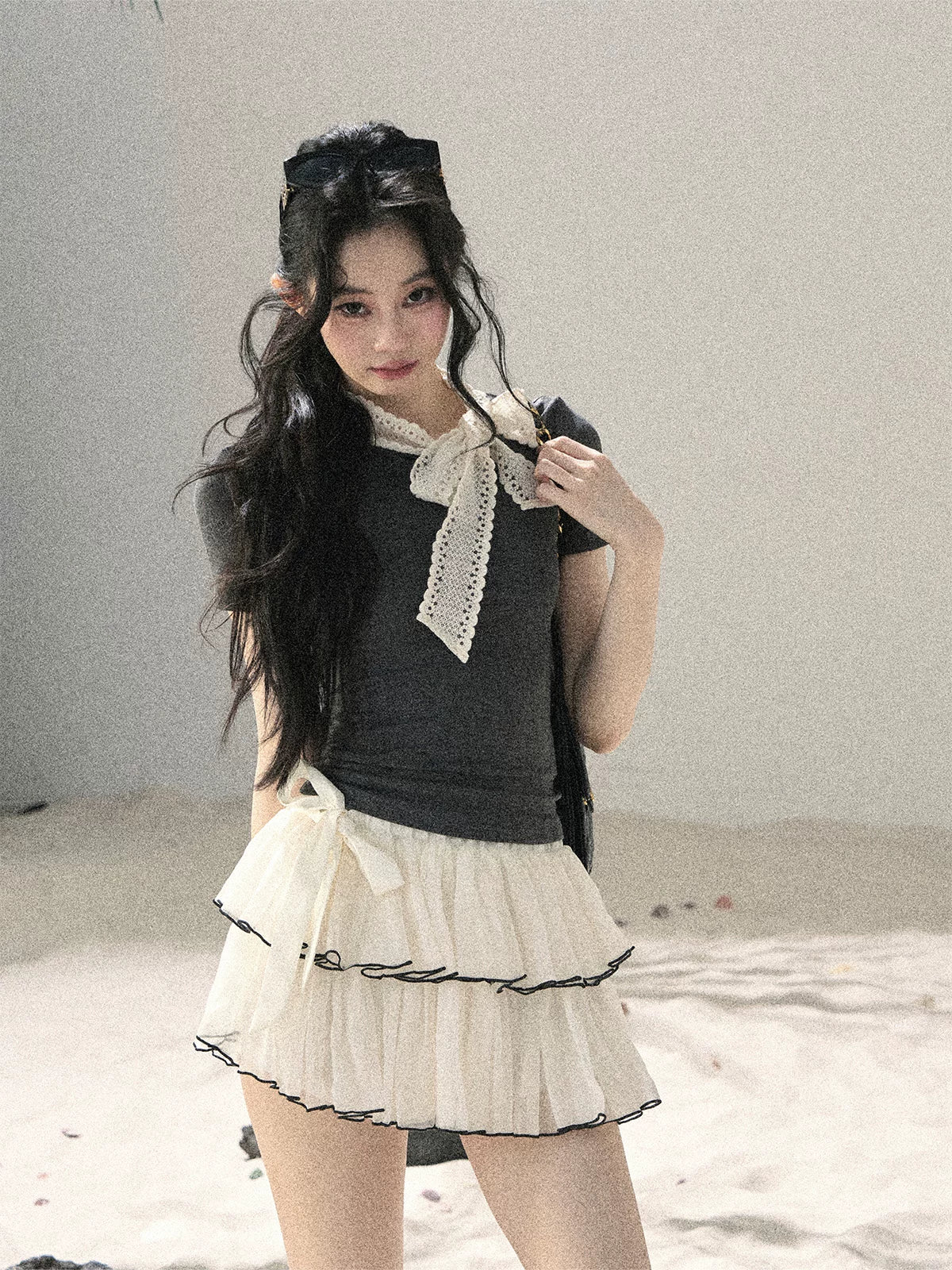 "Shadows & Soft Clouds" Slate Gray Bow Accent Crop Top