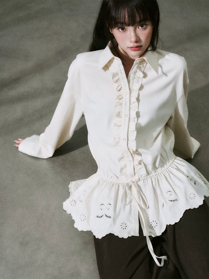 LOST FOREST - Natural Lyocell Cotton Laser-Embroidered Ruffle Shirt