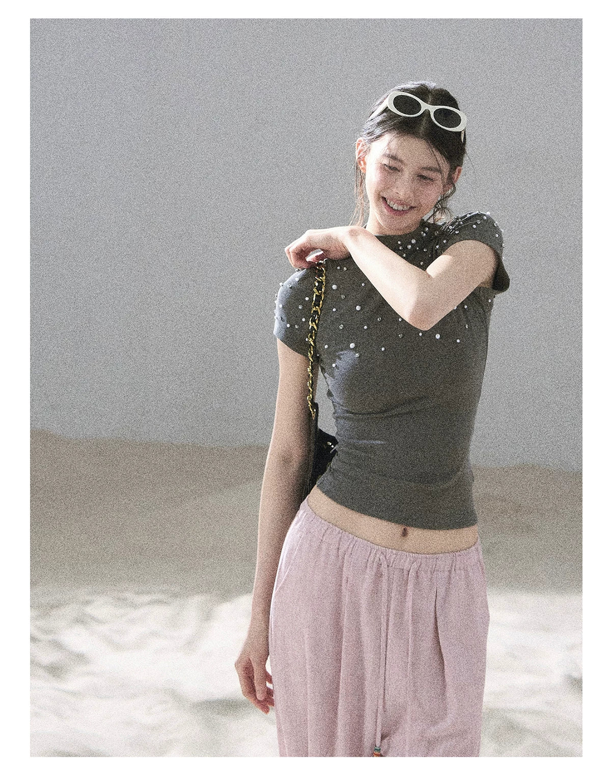 "Scattered Across the Milky Way" Pearl Beaded Knit T-Shirt (Haze Blue/ Sage Gray)