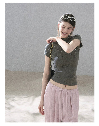 "Scattered Across the Milky Way" Pearl Beaded Knit T-Shirt (Haze Blue/ Sage Gray)