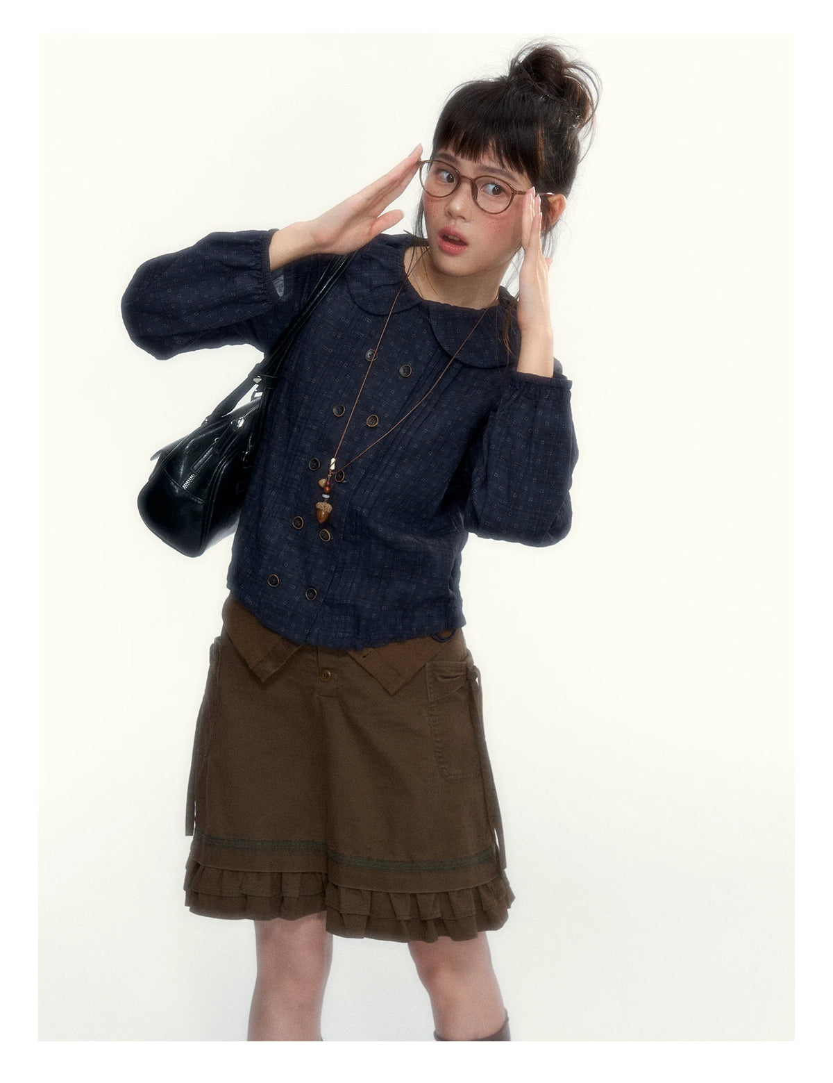 “Academy Melody” Navy Plaid & Dusty Purple Peter Pan Collar Cotton Shirt (Navy Plaid / Dusty Purple)