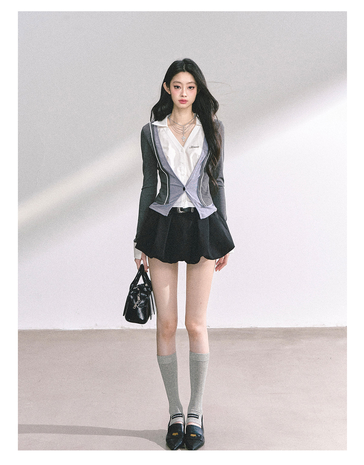 少也眼 "London Senior Muse" Layered Polo Long Sleeve Tee - Gray-White 924863