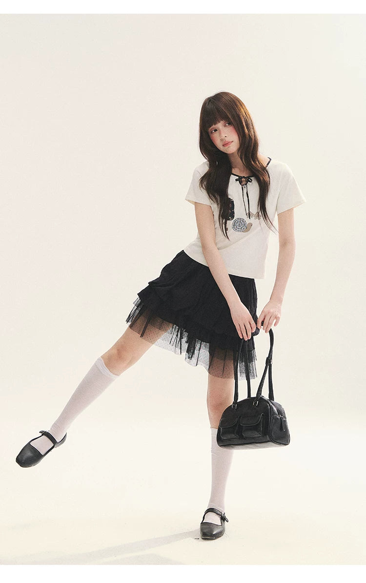 "Black & White Sonata" Polka Dot Mesh Tiered Jellyfish Skirt (White/ Black)