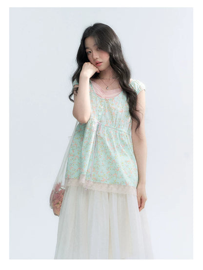 "Mint Blossom" Mint Green Floral Layered Floral Babydoll Top
