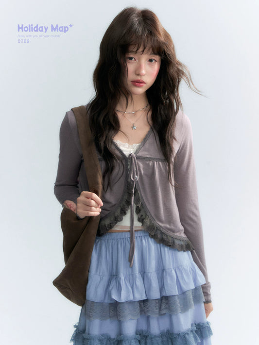 "Vintage Filter" Lace Tie-Front Knit Cardigan