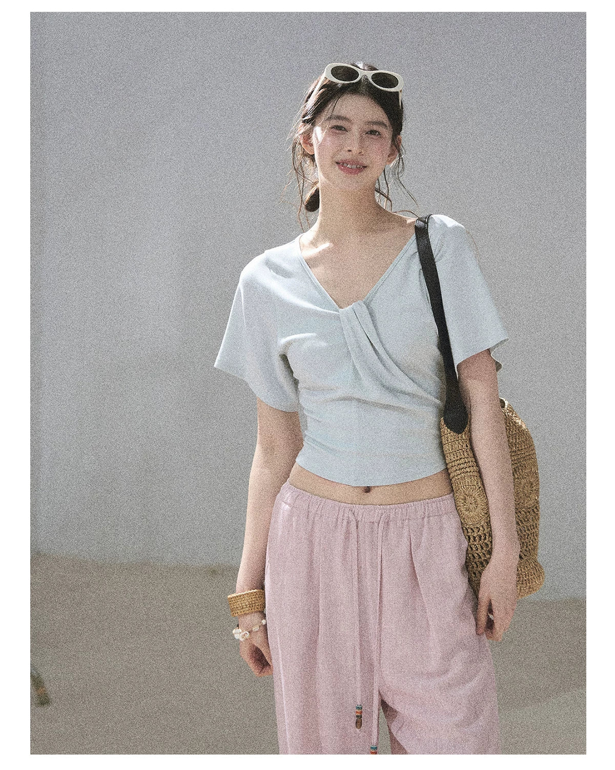 "Moonlight on Water" Twist-Front Cropped T-Shirt (Silver Mink Gray/ Mist Blue)