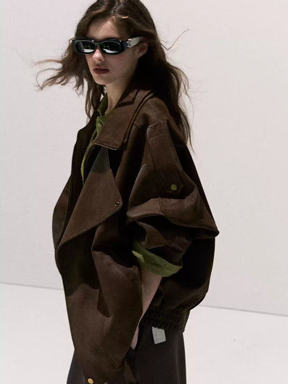 OAKMOO/ "“Ginger & Blossoms”" Mocha Mousse Vintage Faux Suede Moto Jacket