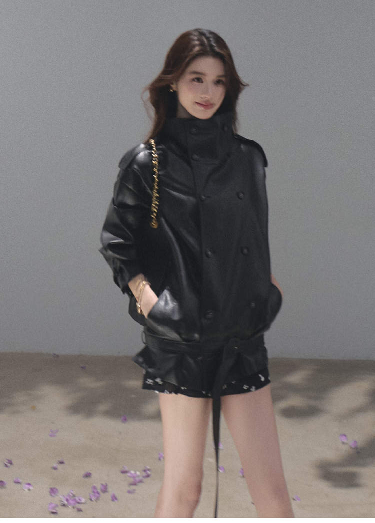 OAKMOO/ Belted Double-Breasted Trench Jacket (Deep Black / Hazel Khaki)