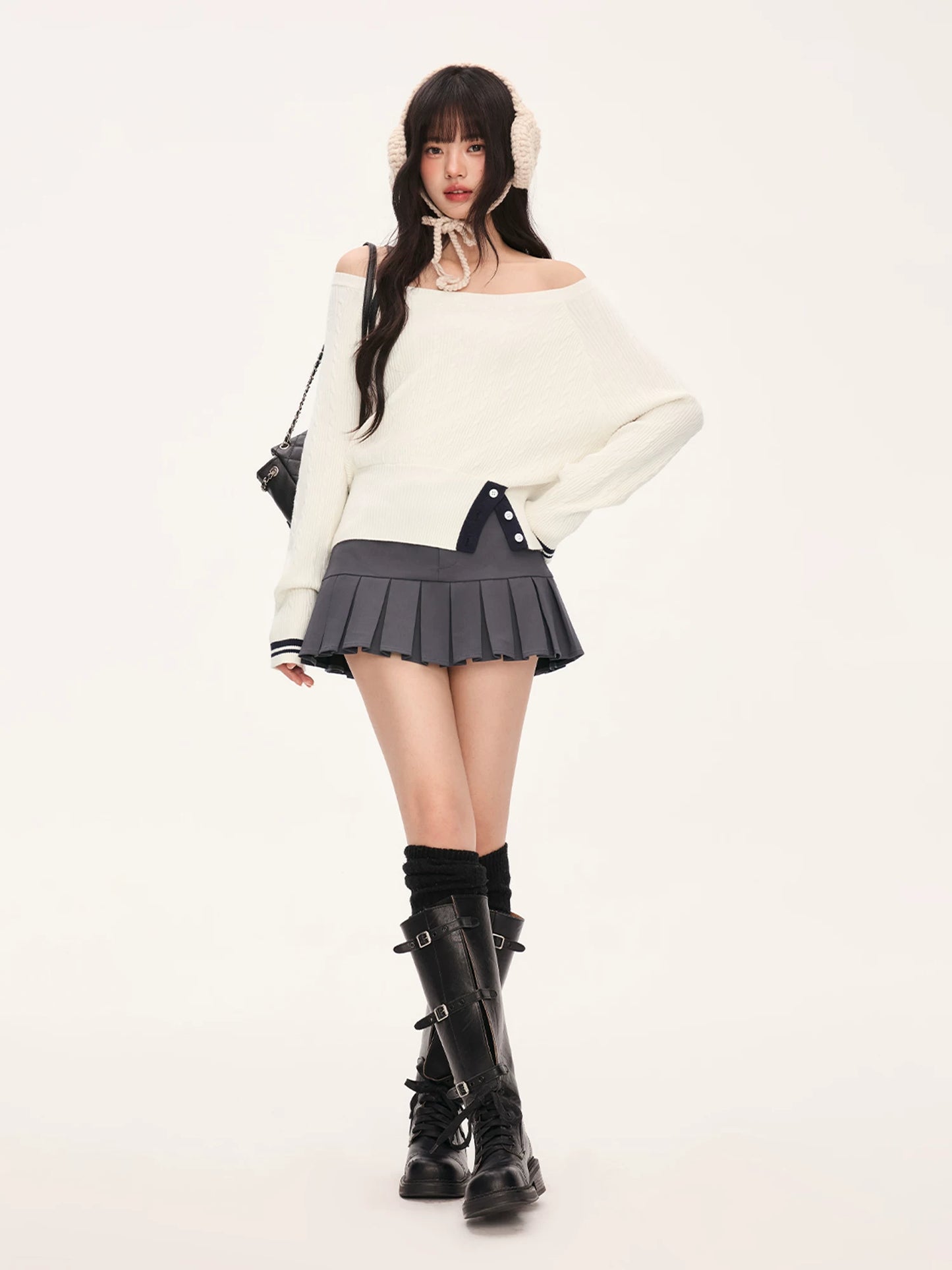 "Soft Muse" White Off-Shoulder Cable Knit Top