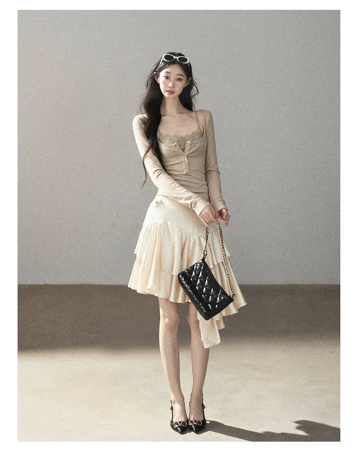AOMALM - "Dappled Tree Shadows" Oat Beige Korean Lace Camisole Long-Sleeve Top Set