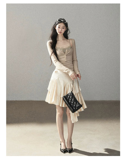 AOMALM - "Dappled Tree Shadows" Oat Beige Korean Lace Camisole Long-Sleeve Top Set