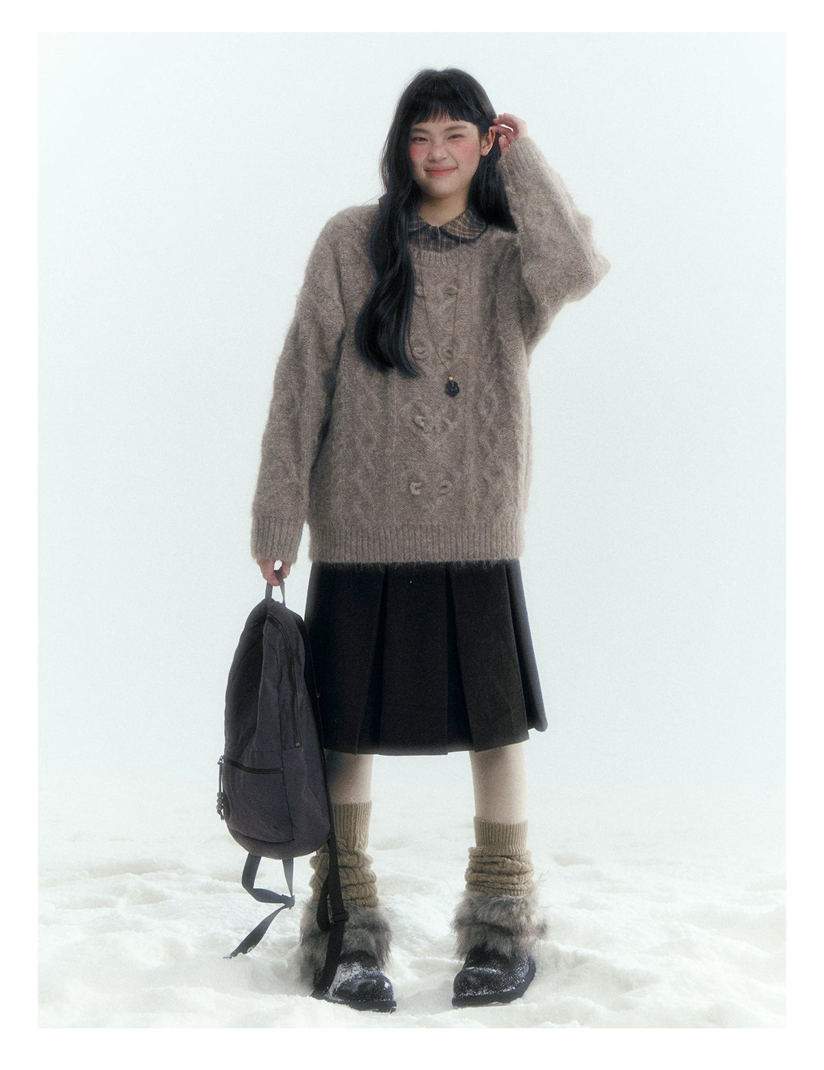 Horridale - Vintage Cable-Knit Heart-Texture Sweater – Smoky Gray