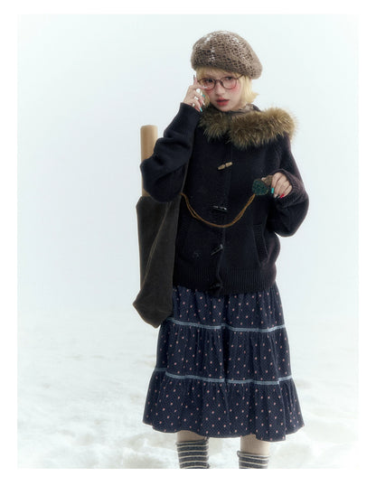 Horridale - Dark Coffee Brown Hooded Knit Cardigan with Detachable Faux Fur Collar