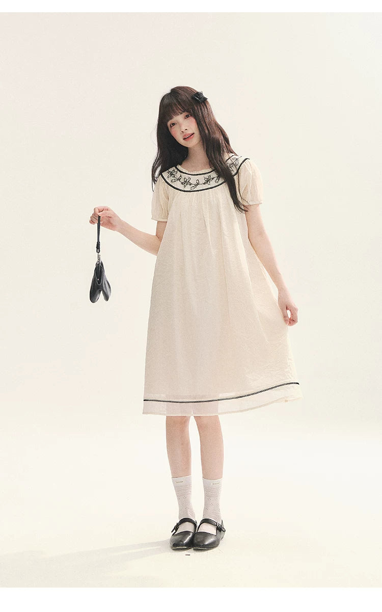 "Midnight Princess" Yellow Flower Rope Embroidered Babydoll Midi Dress