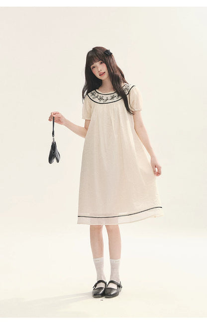 "Midnight Princess" Yellow Flower Rope Embroidered Babydoll Midi Dress
