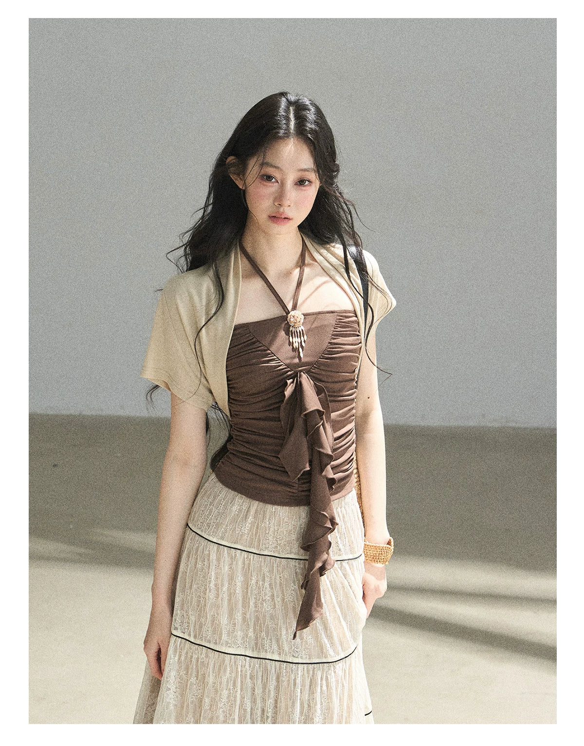 "In the Evening Breeze" Chestnut Brown Halter Ruched Top & Milk Tea Shrug Set