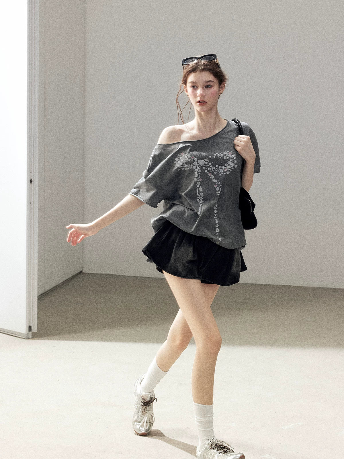 "Muted Shades of Gray" Silver Mouse Gray Off-Shoulder Tee