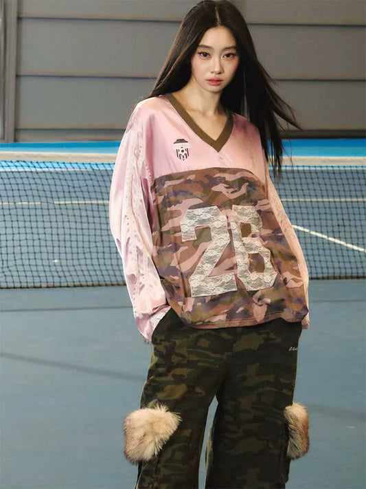 JN's DESIGN - Pink & Camo Lace-Trim V-Neck Jersey Top