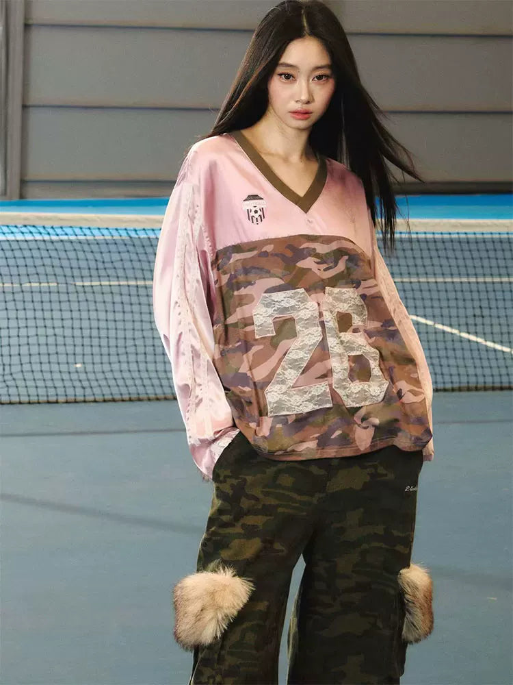 JN's DESIGN - Pink & Camo Lace-Trim V-Neck Jersey Top