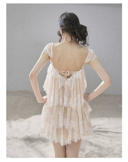 "Sea Breeze Freedom" Cheese Yellow Lace Mesh Top & Skirt Set 45648