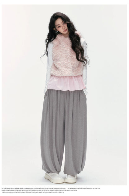 24olvides - Winter Mood Faux Fur Hooded Vest (Pink / Khaki / Cream White with Polka Dots)