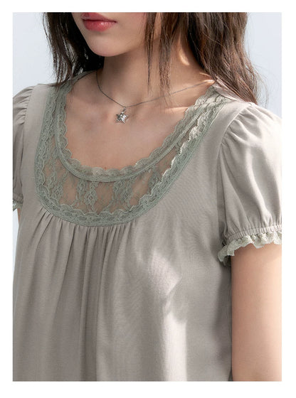 "Vintage Cream" Milk Gray Lace Trim Puff Sleeve T-Shirt