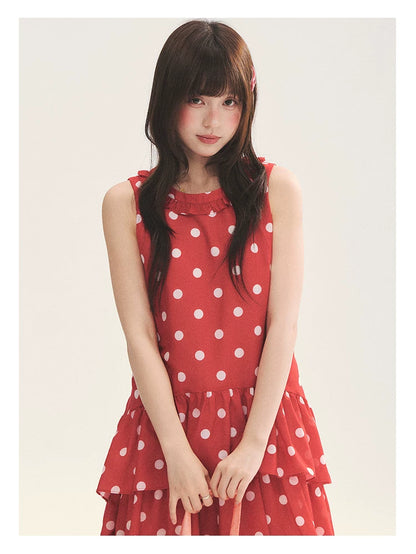 "Polka Dot Layers" Red Polka Dot Tiered A-Line Maxi Cami Dress