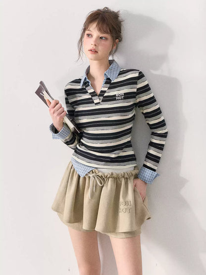 [TMMG] Miu-Inspired Striped Faux Two-Piece Long-Sleeve Polo Top