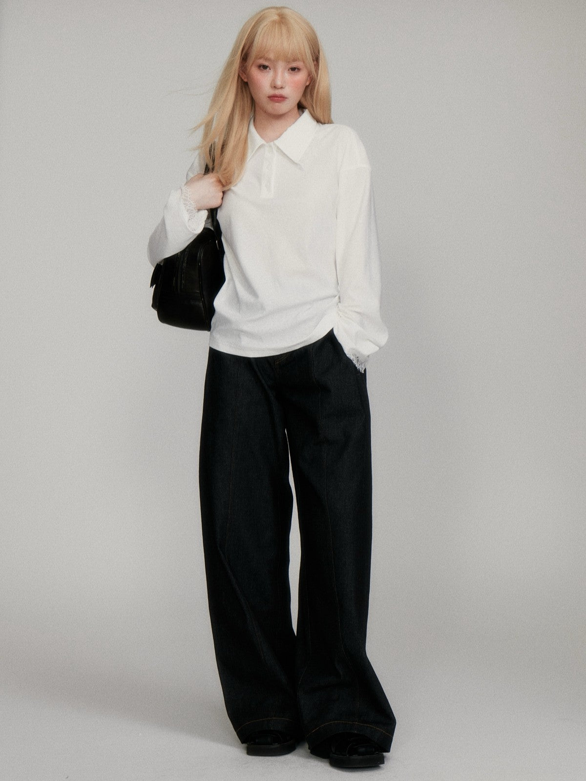 “Lash-Lace Soft Drape” White Polo Long-Sleeve Base Top M6678