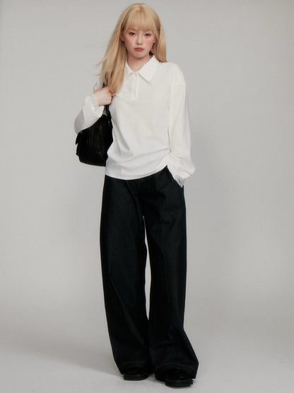 “Lash-Lace Soft Drape” White Polo Long-Sleeve Base Top M6678