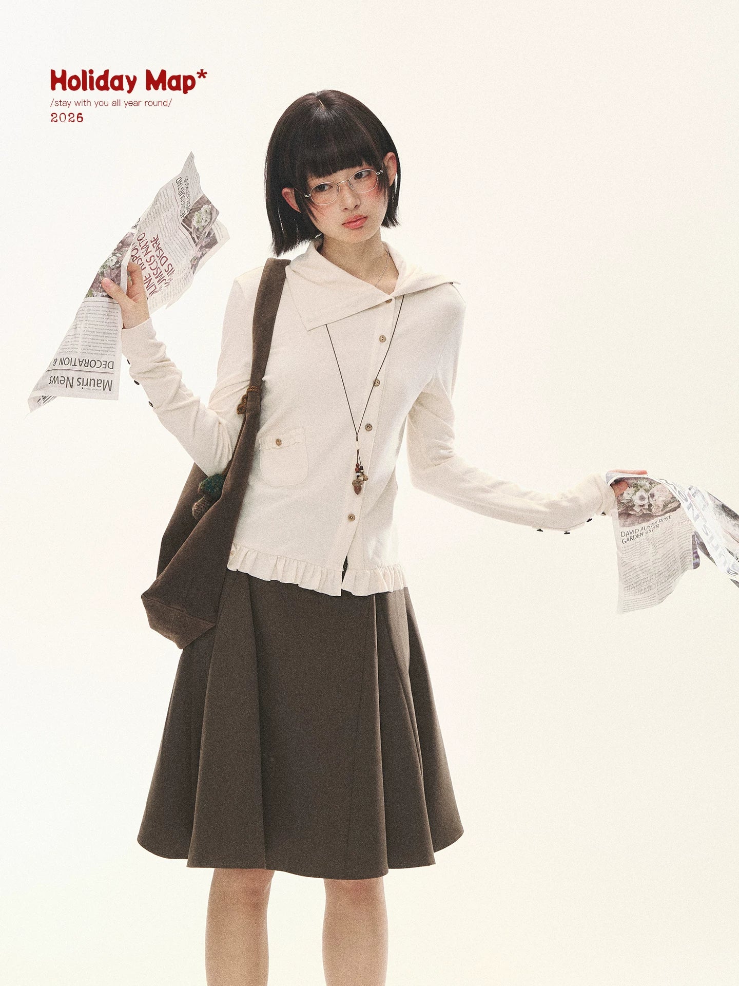 "Cotton Ruffle" Tea Apricot Asymmetric Knit Cardigan