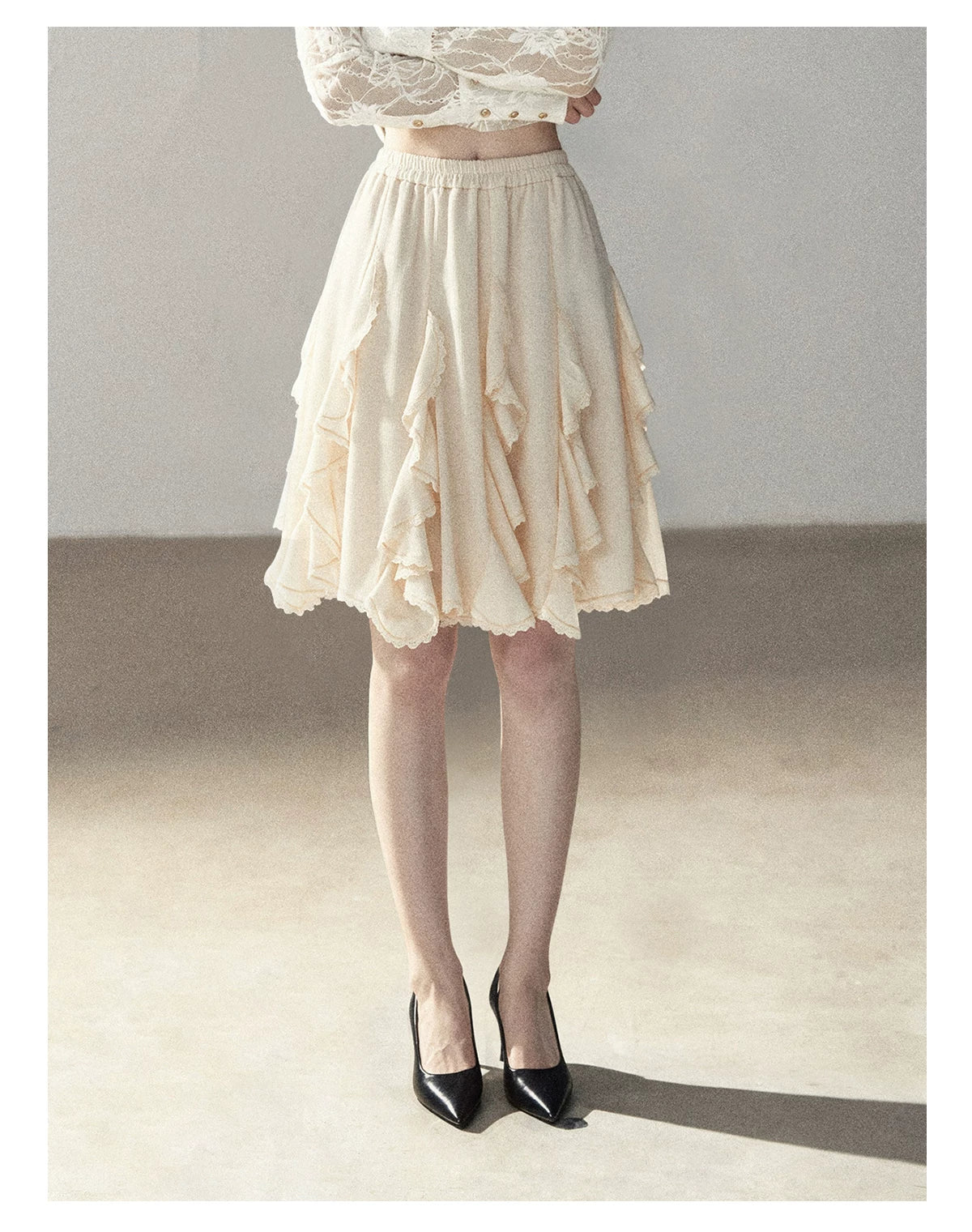 AOMALM - Cloud-Shaped French Lace Ruffle Midi Skirt – Elegant Autumn Maxi