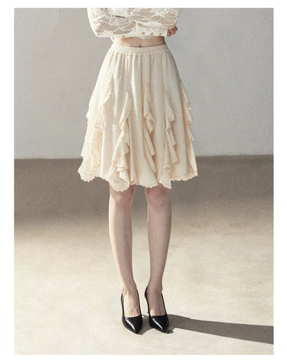 AOMALM - Cloud-Shaped French Lace Ruffle Midi Skirt – Elegant Autumn Maxi