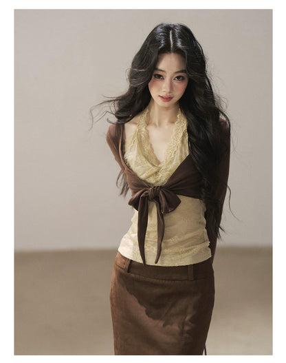 AOMALM - "Tender in This Moment" Rich Cocoa Faux Two-Piece Lace Top
