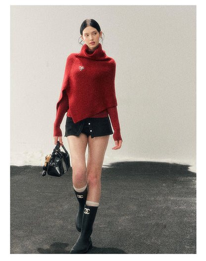 181225 "Late Autumn Ginkgo" Burgundy High-Neck Knit Cape Set