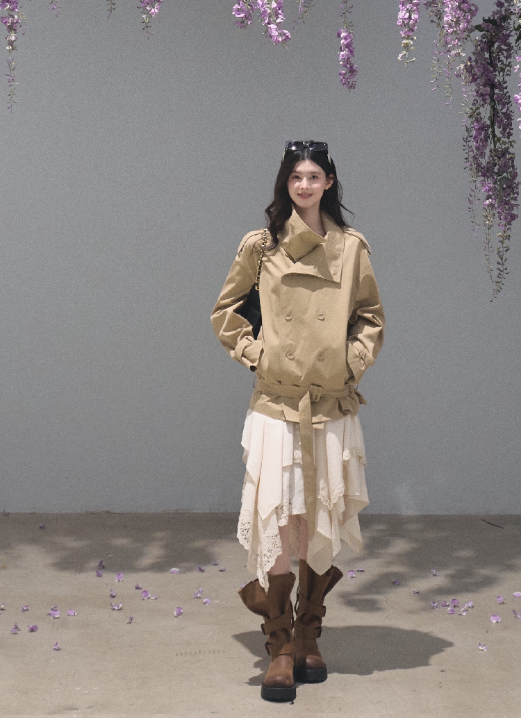 OAKMOO/ Belted Double-Breasted Trench Jacket (Deep Black / Hazel Khaki)