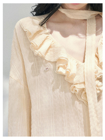 少也眼 “Evening Breeze Skirt” Milkshake Yellow Tiered Chiffon Mini Dress with Scarf Tie & Shorts 534583