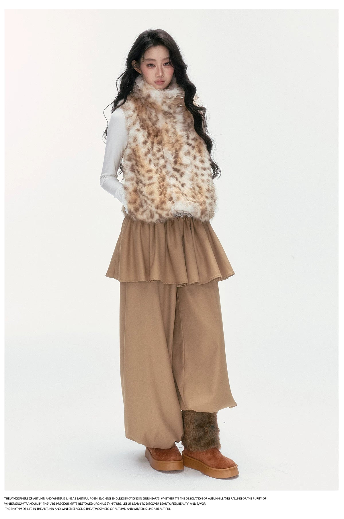 24olvides - Faux Fur Vest with Stand Collar and Toggle Closures (Creamy Leopard Print / Blue-Gray)