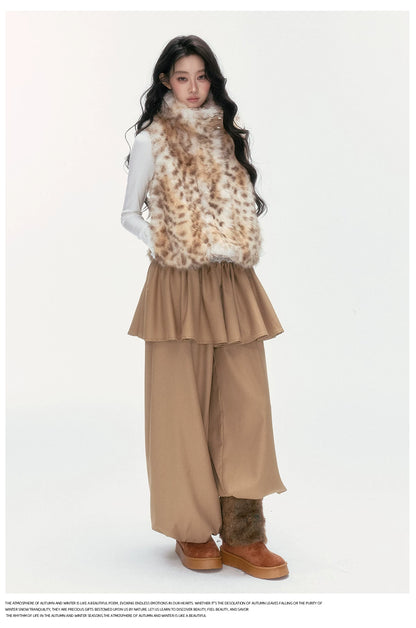 24olvides - Faux Fur Vest with Stand Collar and Toggle Closures (Creamy Leopard Print / Blue-Gray)