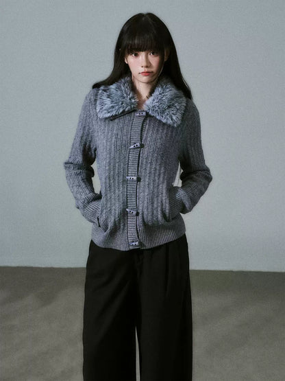 LOST FOREST - Gray Detachable Faux-Fur Collar Toggle Cardigan