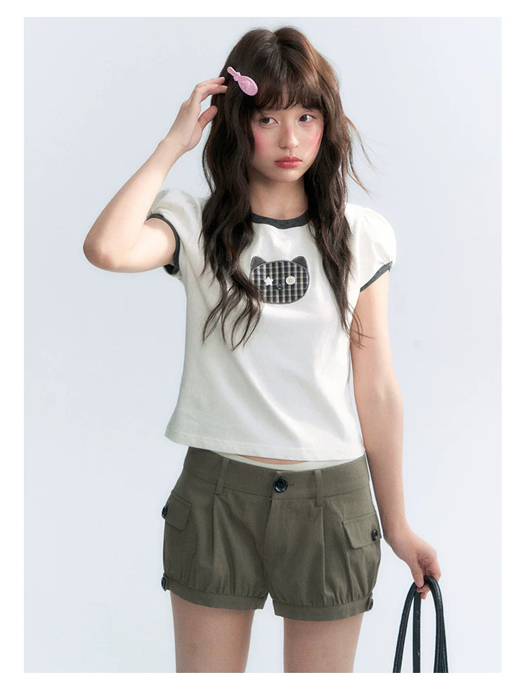 "Hide and Seek" Ivory Cat Patchwork Embroidered Puff Sleeve T-Shirt