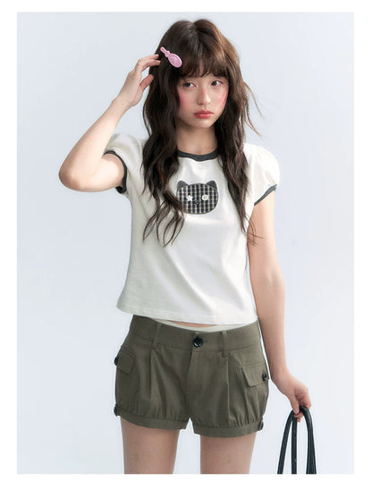 "Hide and Seek" Ivory Cat Patchwork Embroidered Puff Sleeve T-Shirt