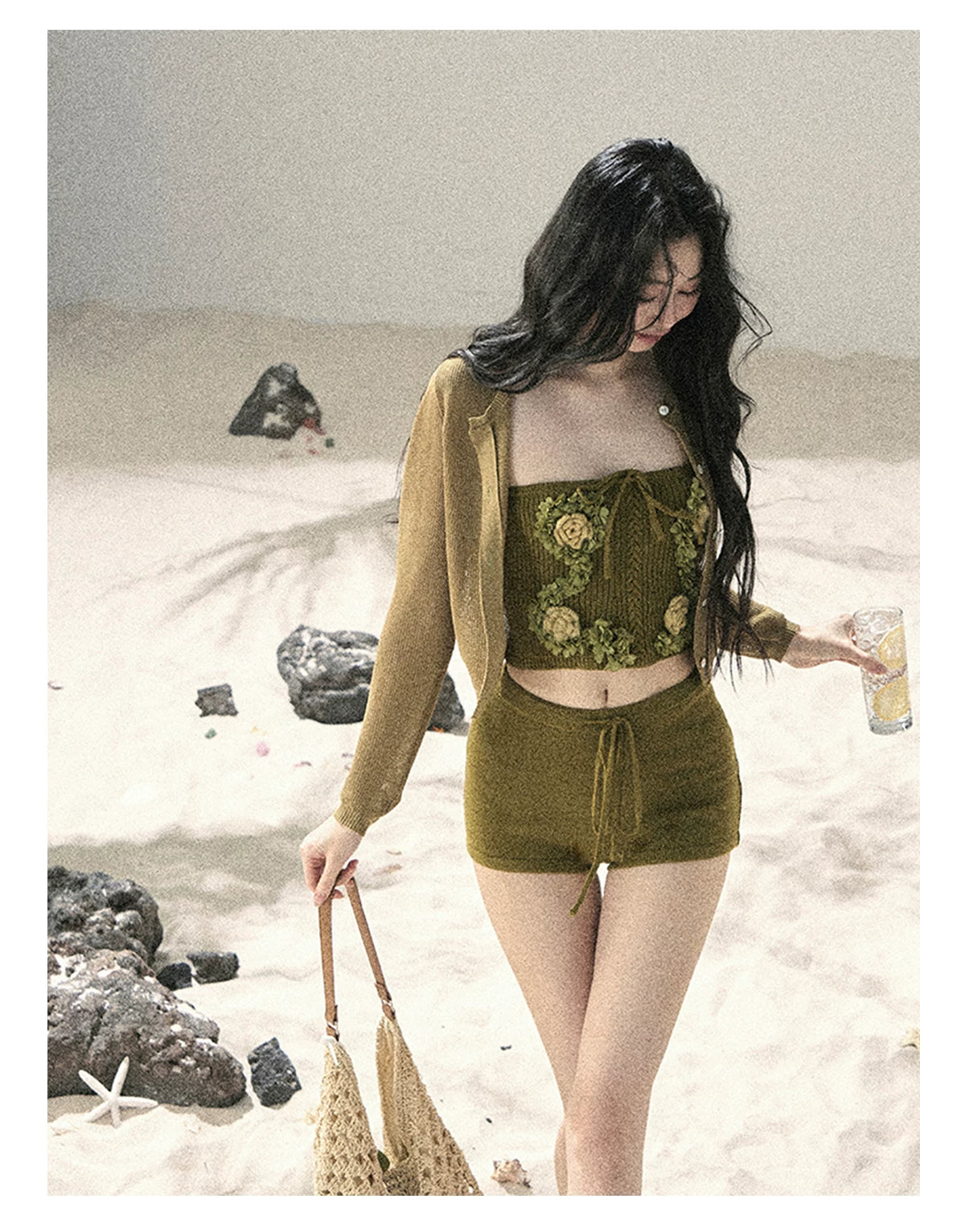 "Forest After Rain" Misty Meadow Haze 3-Piece Cardigan & Shorts Set 45236485