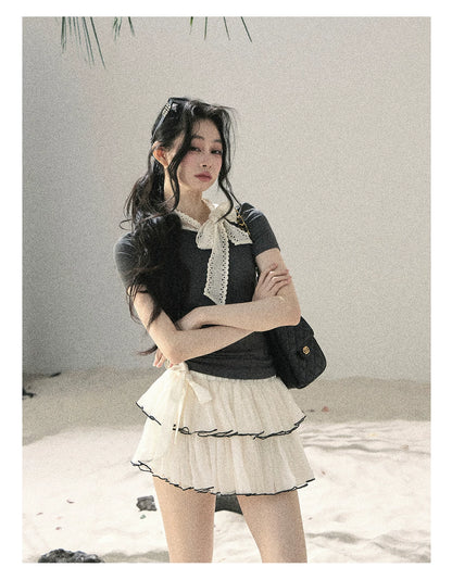 "Flowing Tulle" Cream Apricot Mesh Chiffon Layered Mini Skirt