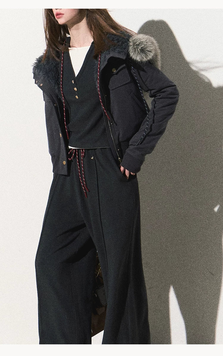 OAKMOO/ "Energy & Freedom" Mocha Gray Fur-Collar Cropped Hoodie Jacket