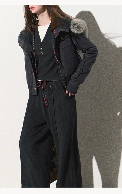 OAKMOO/ "Energy & Freedom" Mocha Gray Fur-Collar Cropped Hoodie Jacket