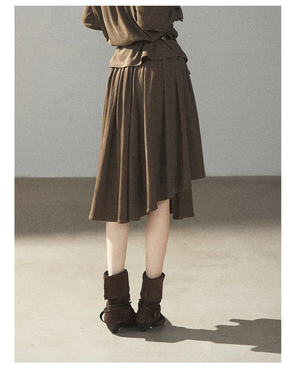 AOMALM - Terracotta Brown Shirt & Pleated Mini Skirt Set (With Belt)