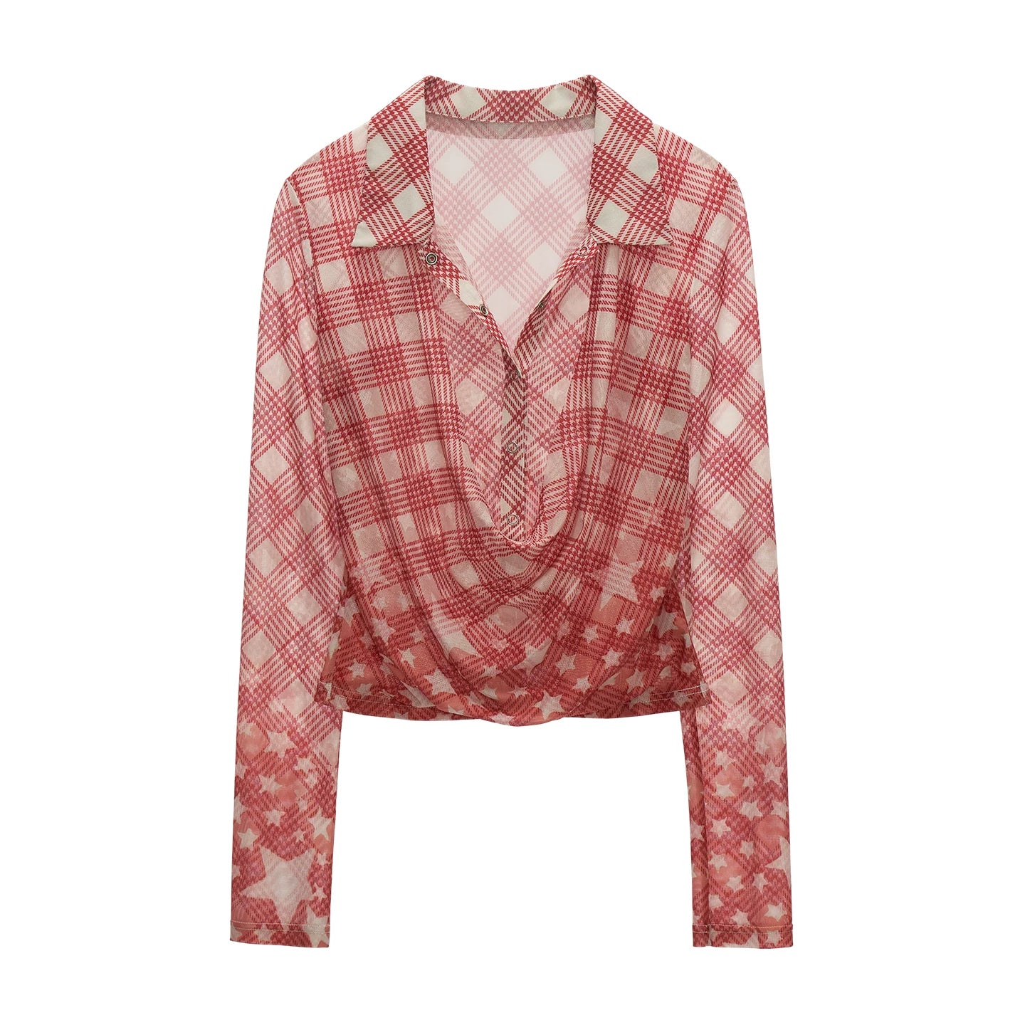Layered Plaid Mesh Long Sleeve Shirt (Red / Blue)